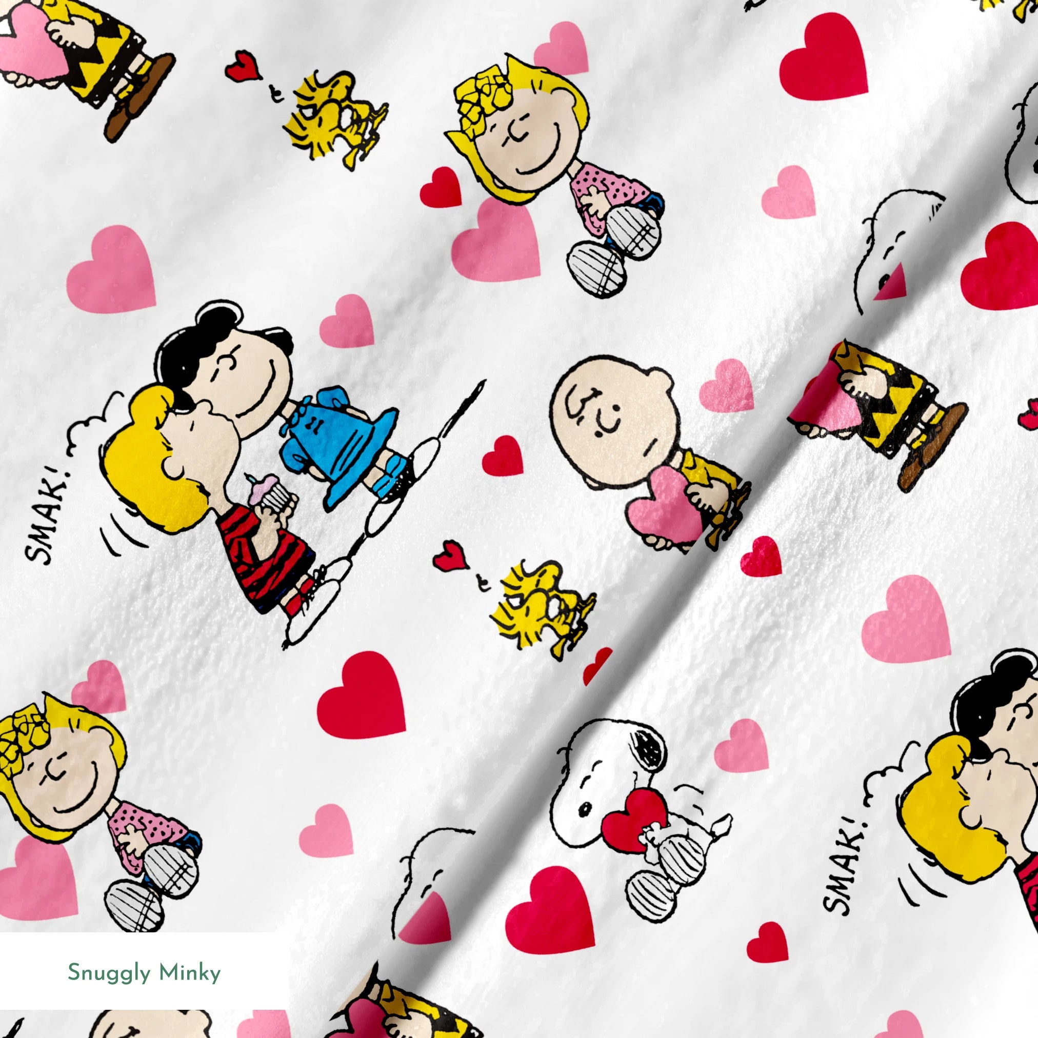 Peanuts cartoon characters with heart motifs, featuring Snoopy, Woodstock, and others in a Valentine's theme springs minky texture