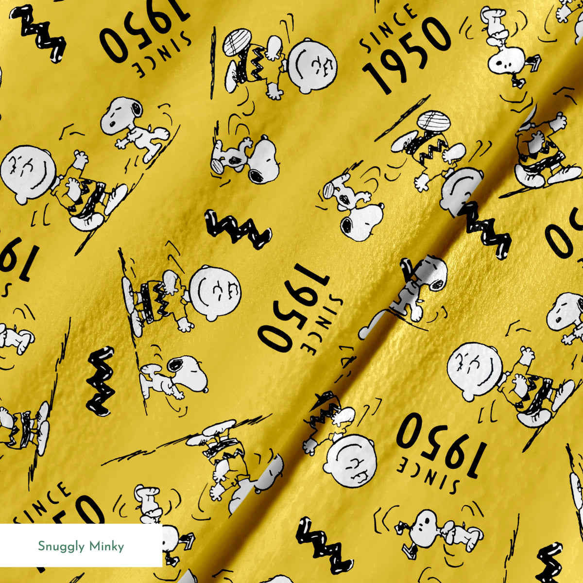 Peanuts cartoon pattern on yellow background with Snoopy and Charlie Brown, "Since 1950" text springs minky texture
