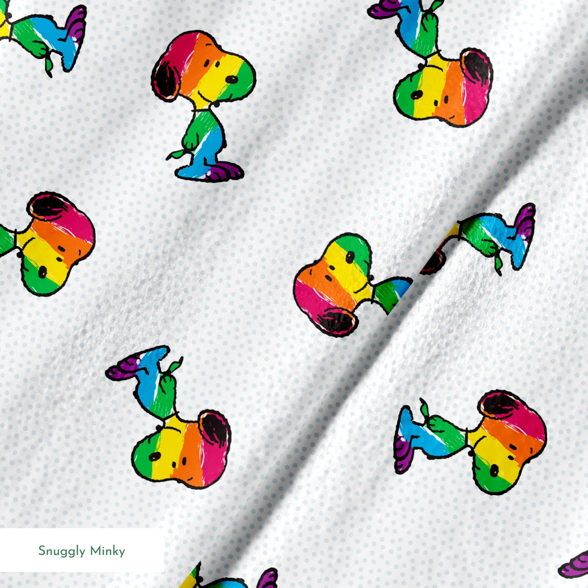 Colorful rainbow Snoopy in various poses on a dotted white background springs minky texture