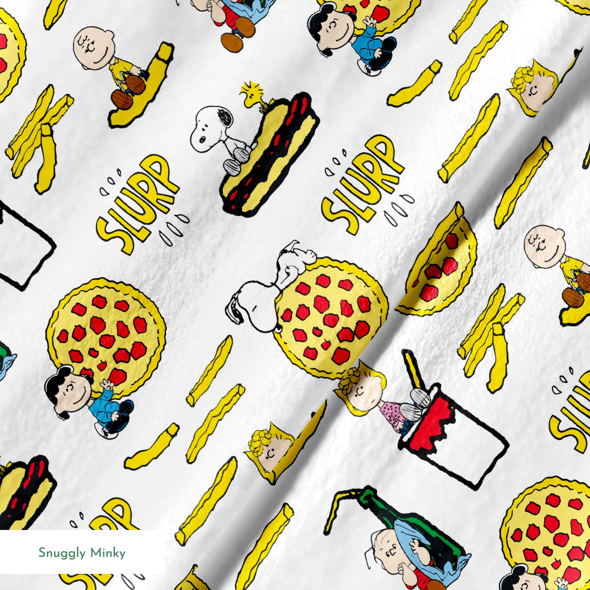Peanuts cartoon characters with pizza, hot dogs, and "SLURP" text in a repeating pattern springs minky texture