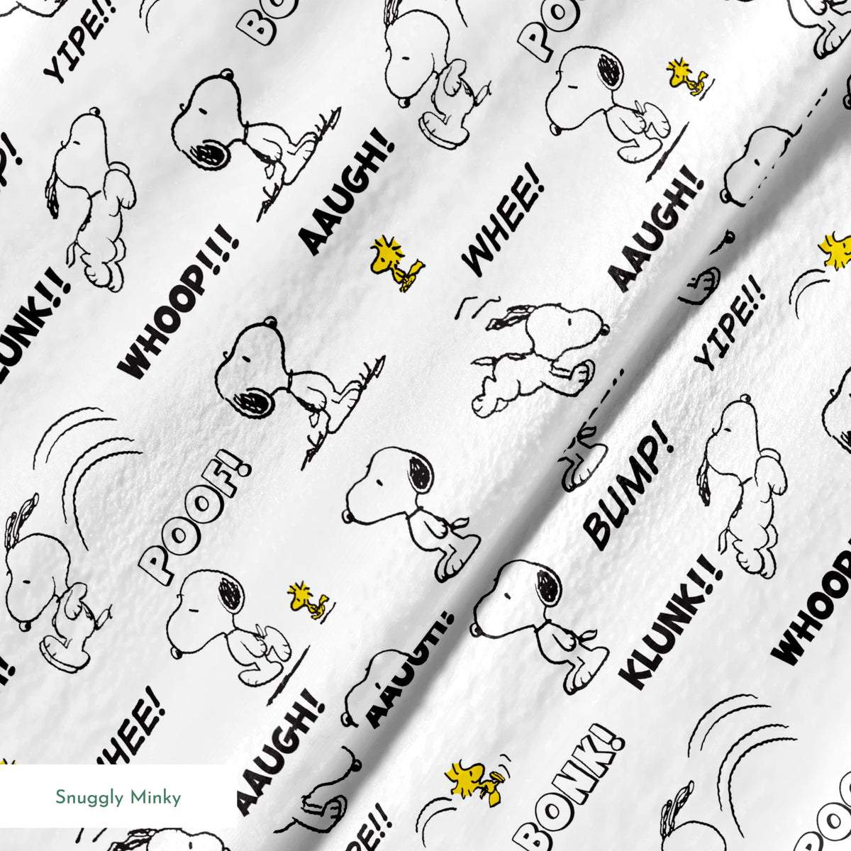 Comic-style pattern of Snoopy and Woodstock with sound effect words like "BONK!", "KLUNK!" and "BUMP!" in black and white. springs minky texture