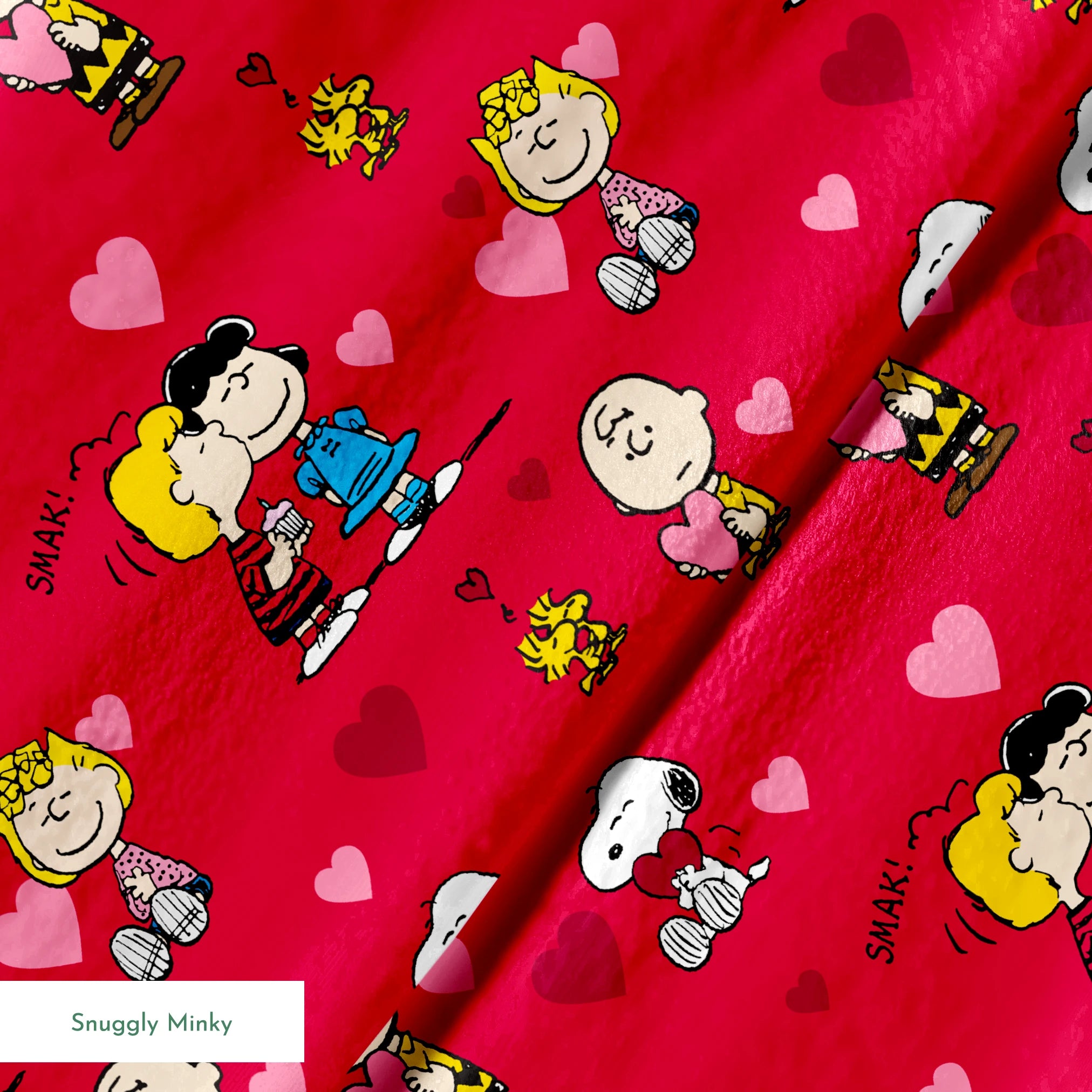 Peanuts characters on red background with hearts; Snoopy, Woodstock, and others in Valentine's theme springs minky texture