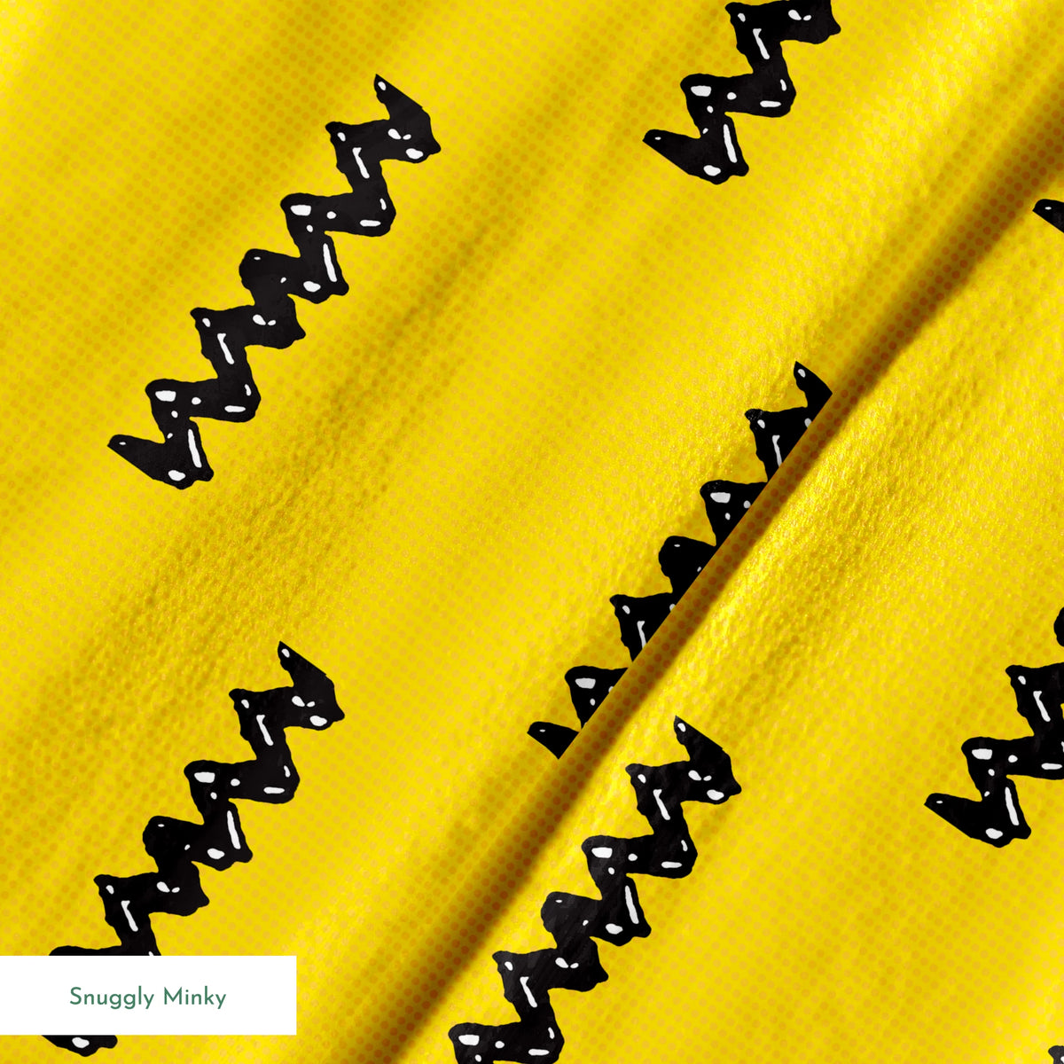 Black Charlie Brown zigzag patterns arranged in four rows against a bright yellow textured background springs minky texture