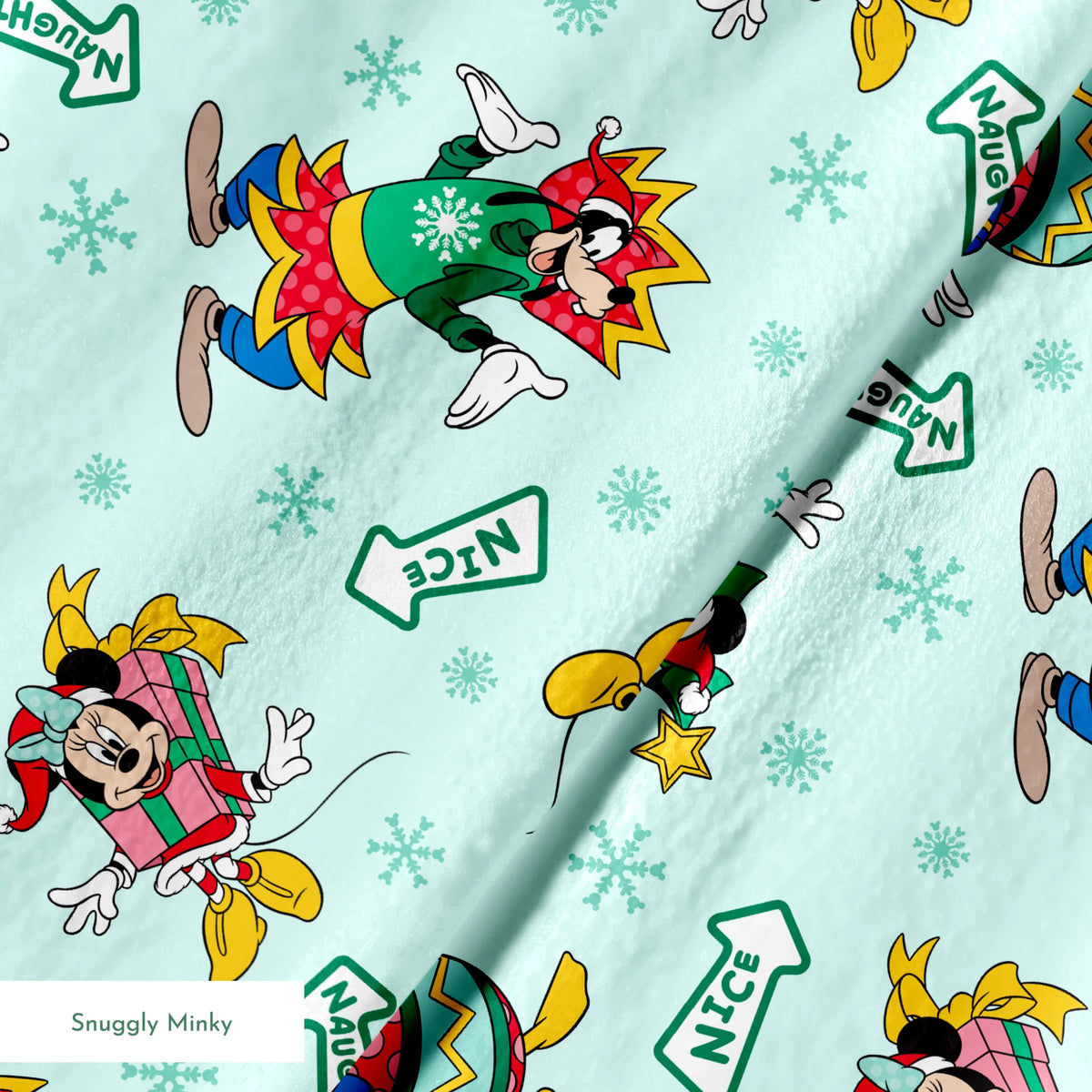 Disney character pattern with Minnie and Mickey in festive holiday outfits on light blue background with snowflakes and "Nice" signs. springs minky texture