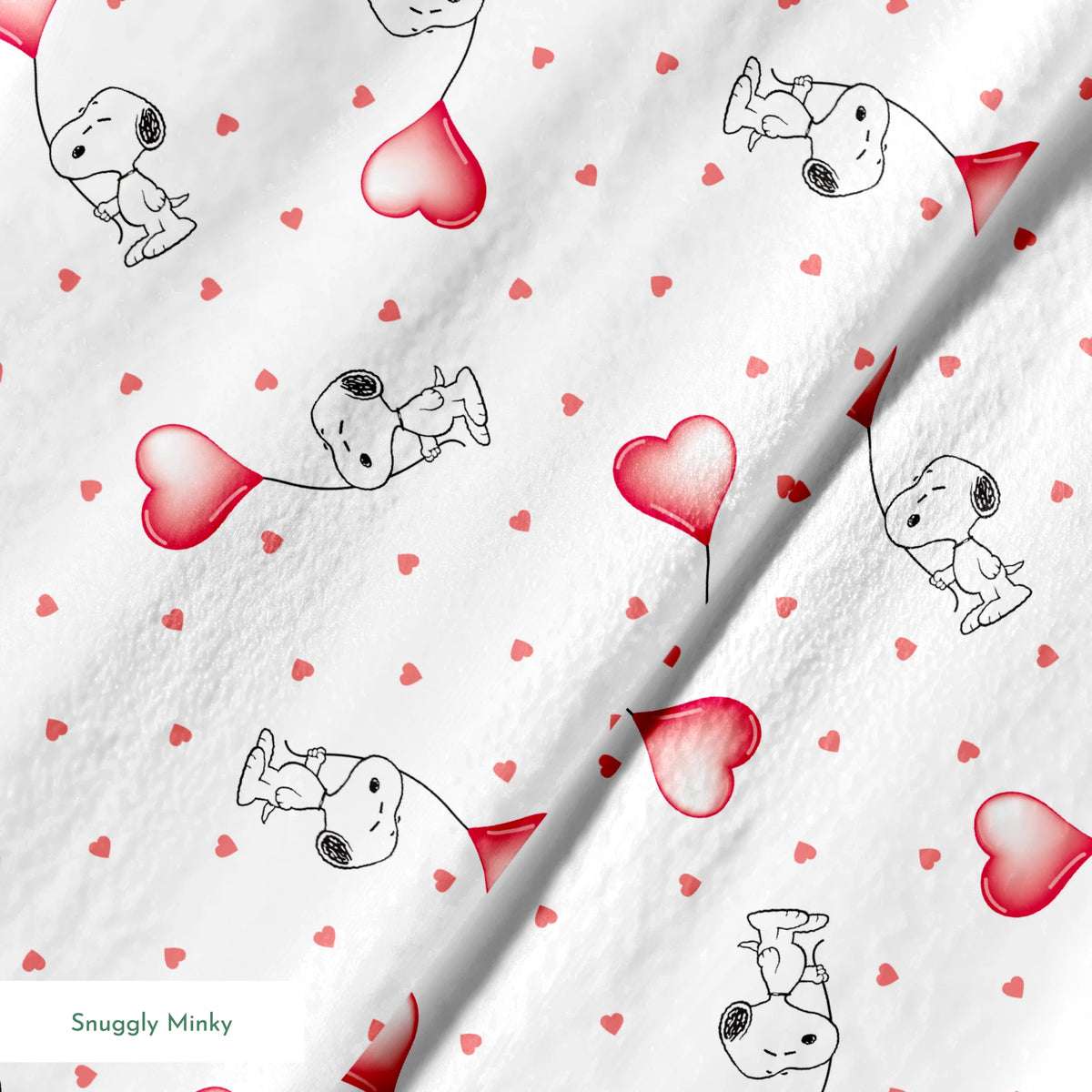 Cute Snoopy holding heart-shaped balloons with small hearts scattered on white background springs minky texture