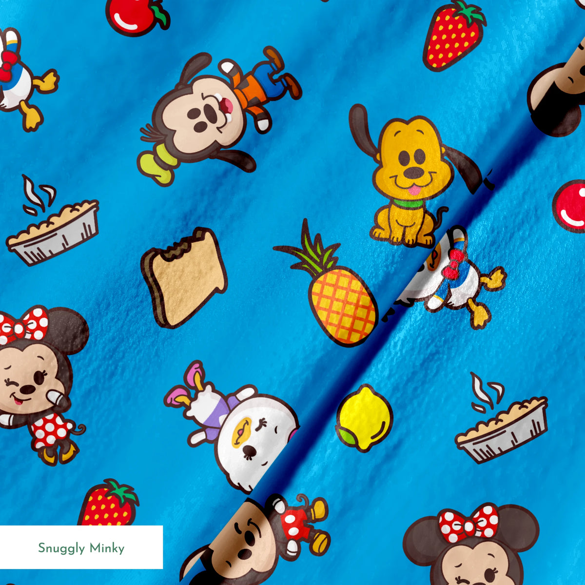 Mickey, friends, and food items pattern on blue background, featuring Mickey, Minnie, Donald, and fruit icons springs minky texture