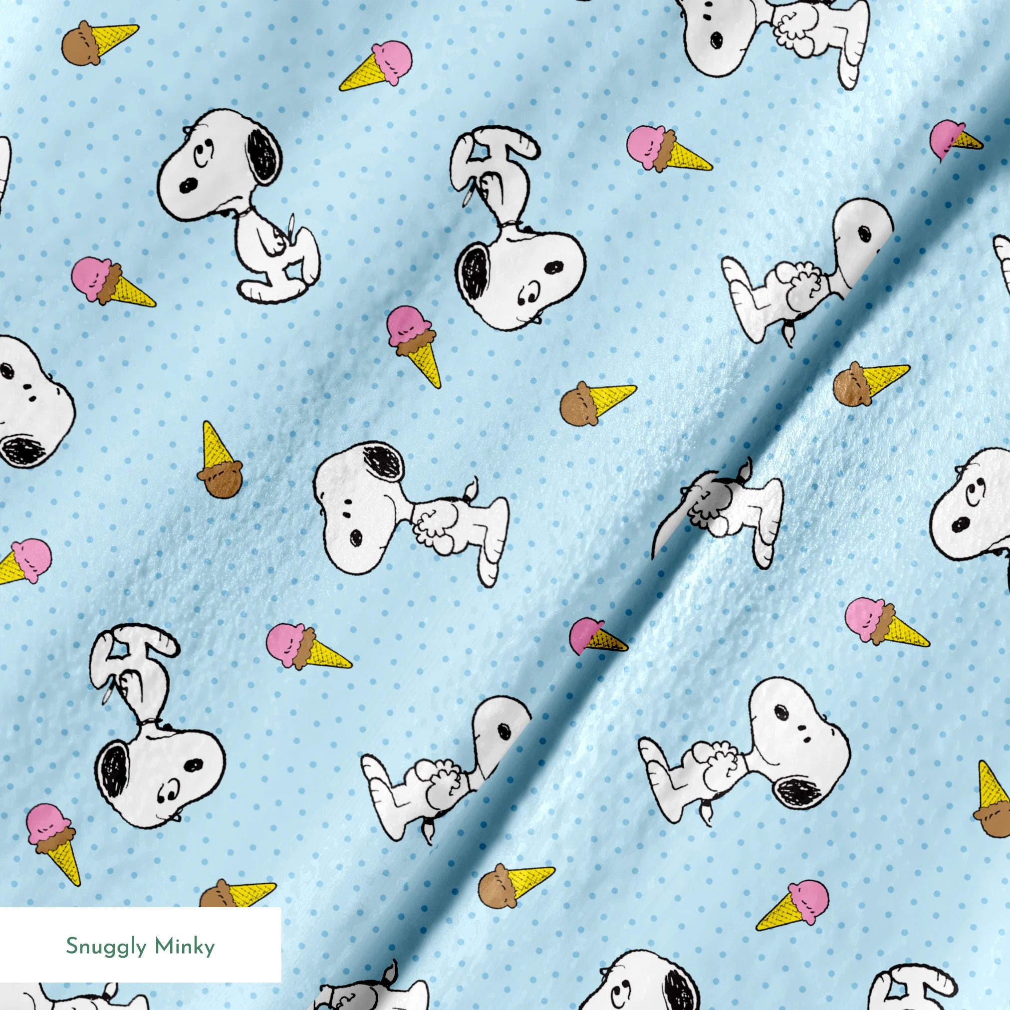 Snoopy pattern on light blue background with ice cream cones and small white dots springs minky texture