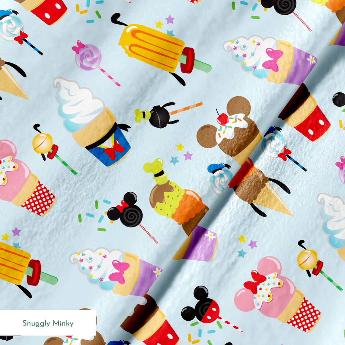 Disney-themed ice cream and sweet treats pattern with Mickey and Minnie icons on light blue background springs minky texture