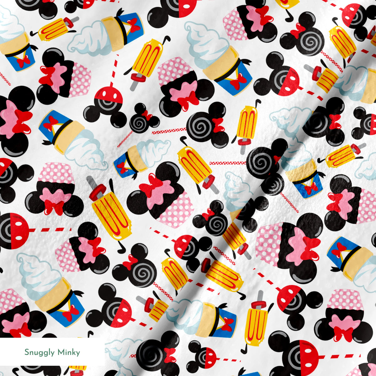 Disney-inspired pattern with ice cream cones and colorful swirled decorative elements on white background springs minky texture
