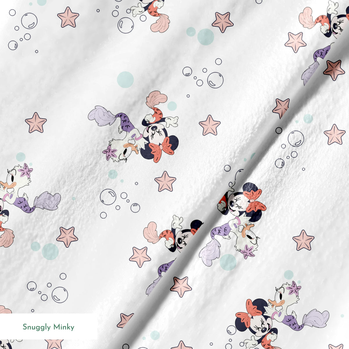 Minnie Mouse pattern with pastel stars and bubbles on white background, playful cartoon style springs minky texture