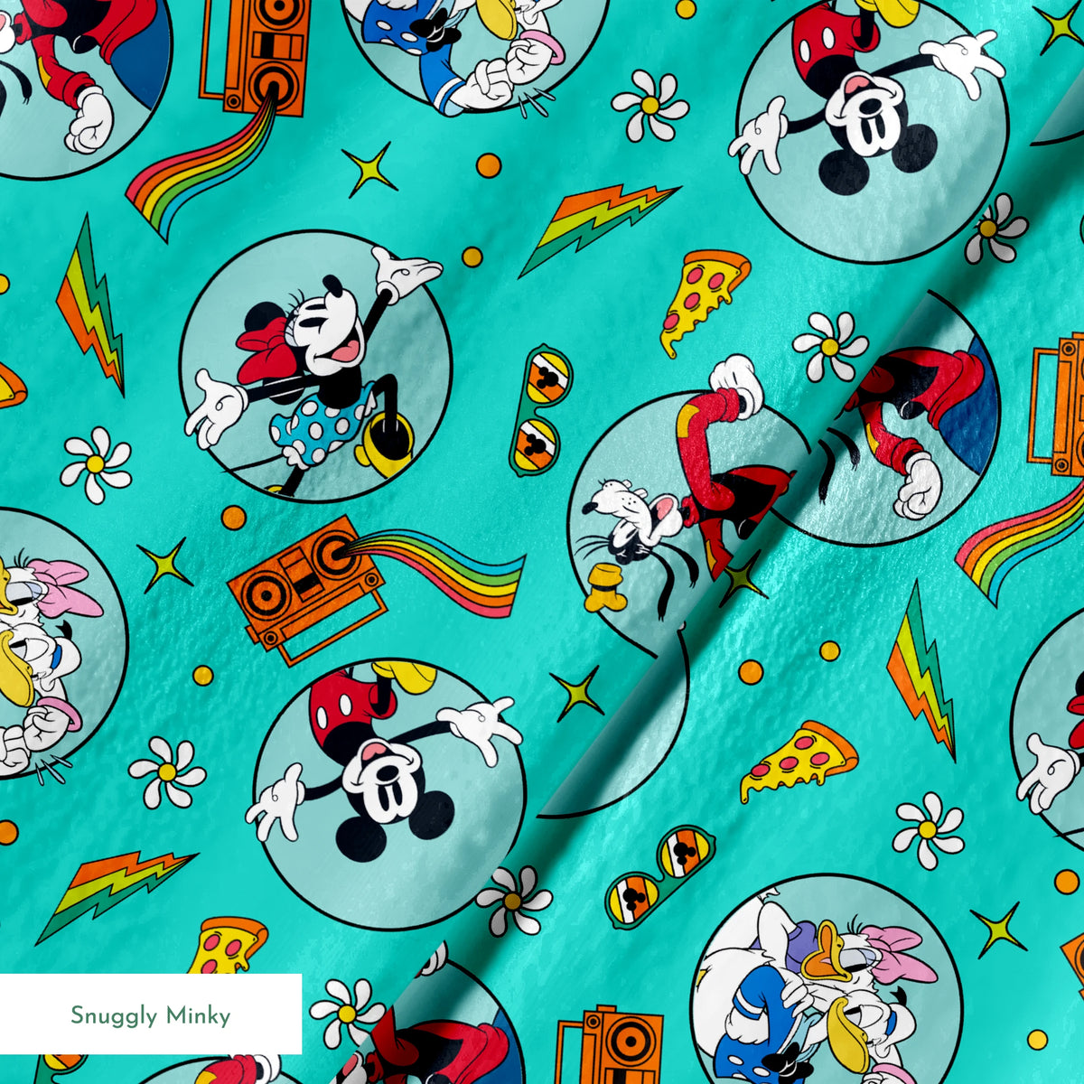 Colorful Mickey Mouse and friends pattern with pizza, boomboxes, sunglasses on teal background springs minky texture