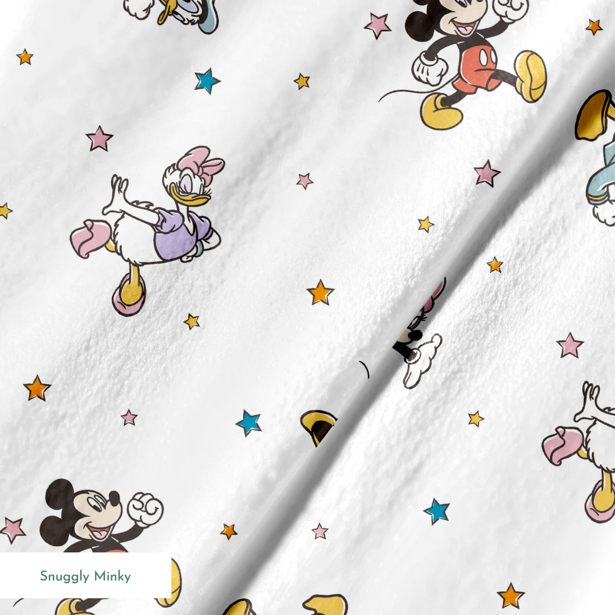 Disney characters pattern with Mickey Mouse and unicorns on white background with colorful stars springs minky texture
