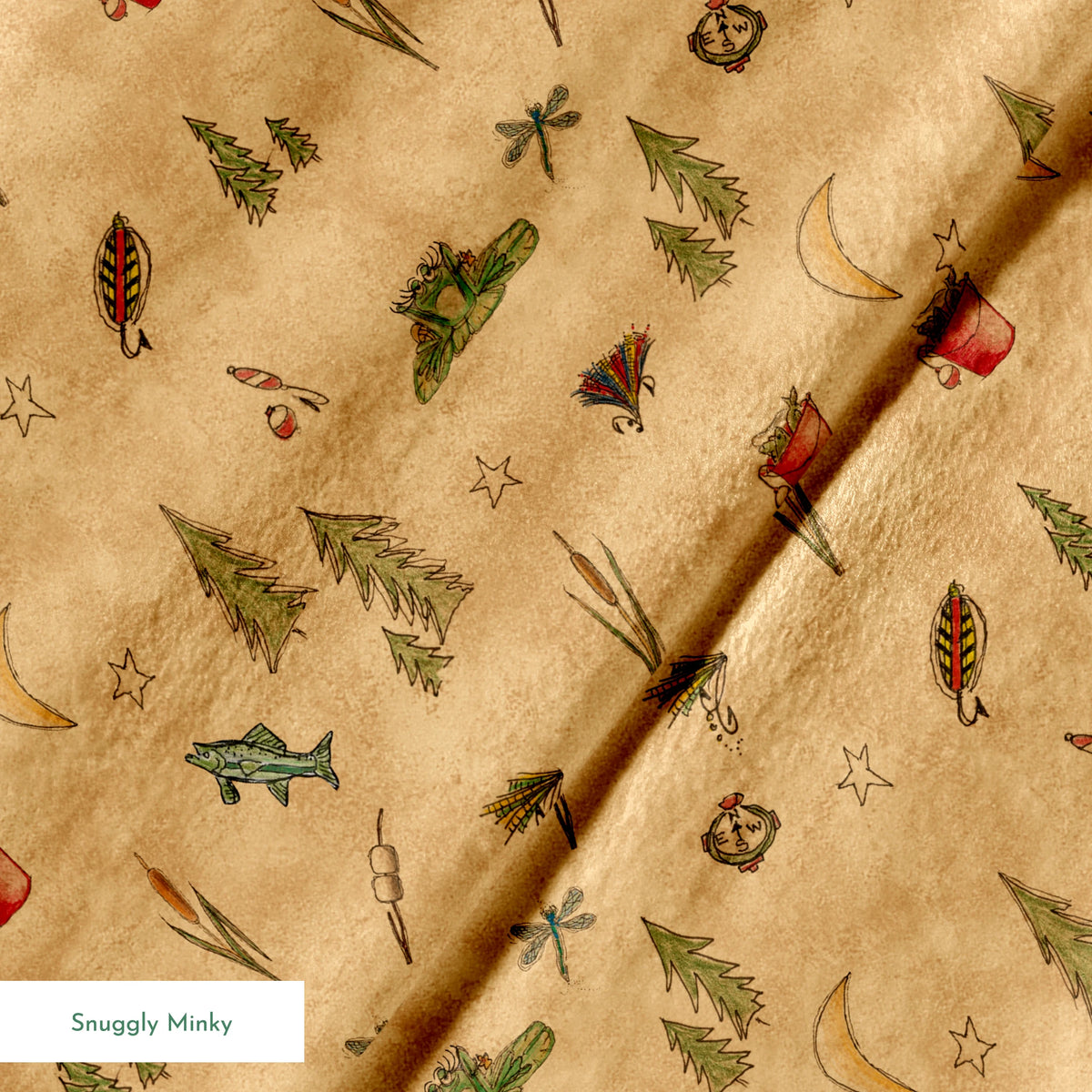 Outdoor camping pattern with tents, trees, lanterns, and nature elements on beige background springs minky texture