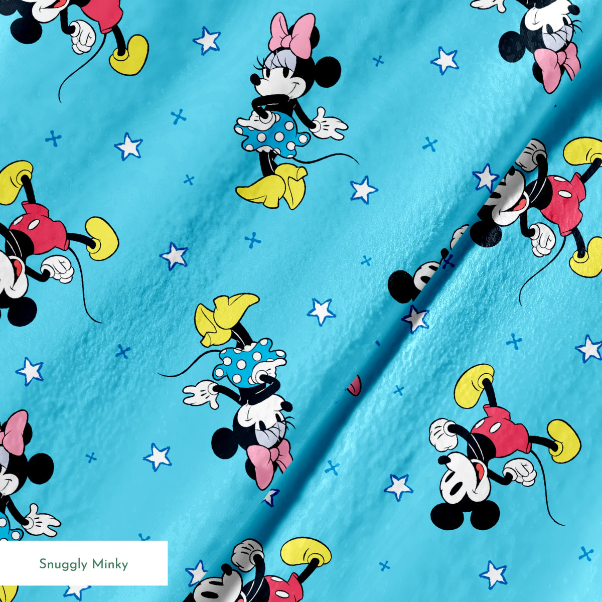 Disney Mickey Mouse and Minnie Mouse characters on light blue background with white stars, pattern design springs minky texture