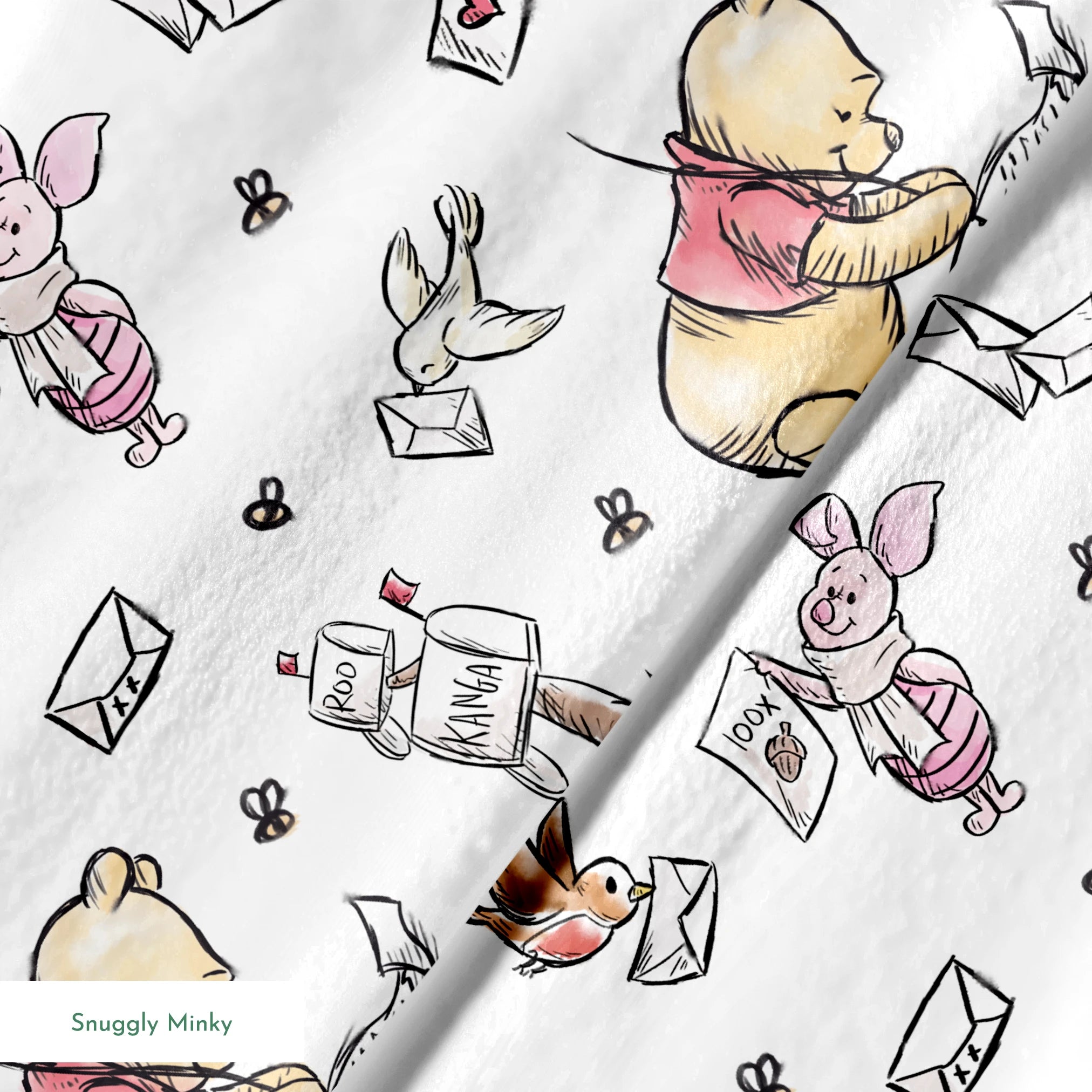 Winnie the Pooh characters with flying letters and envelopes on white background, whimsical illustration style springs minky texture