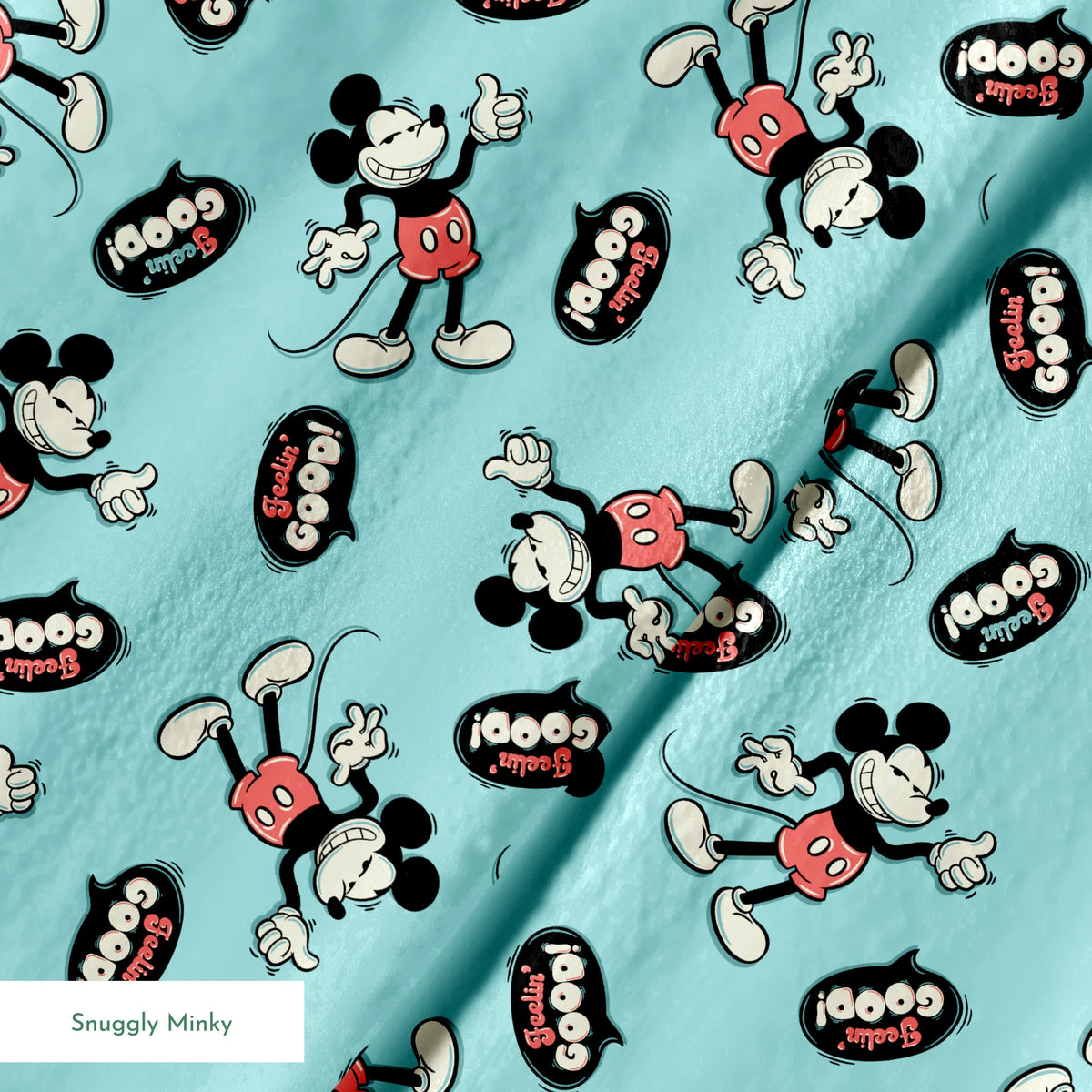 Mickey Mouse pattern on teal background with cartoon characters and "Gosh!" speech bubbles springs minky texture
