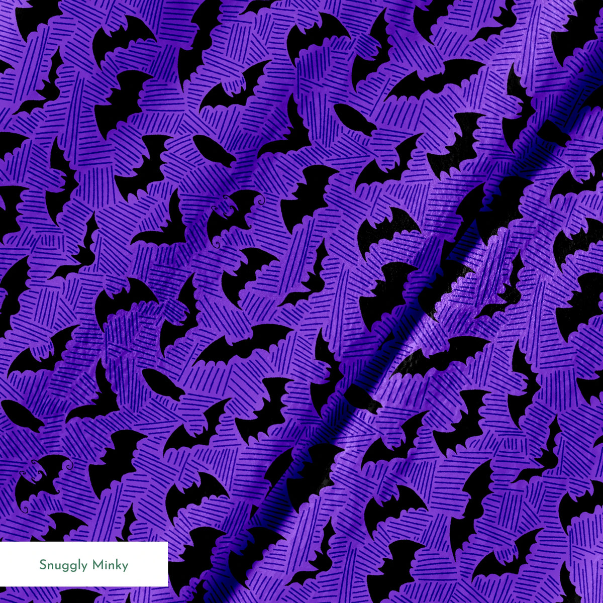 Black bat silhouettes scattered over purple zigzag background, Halloween-themed pattern springs minky texture