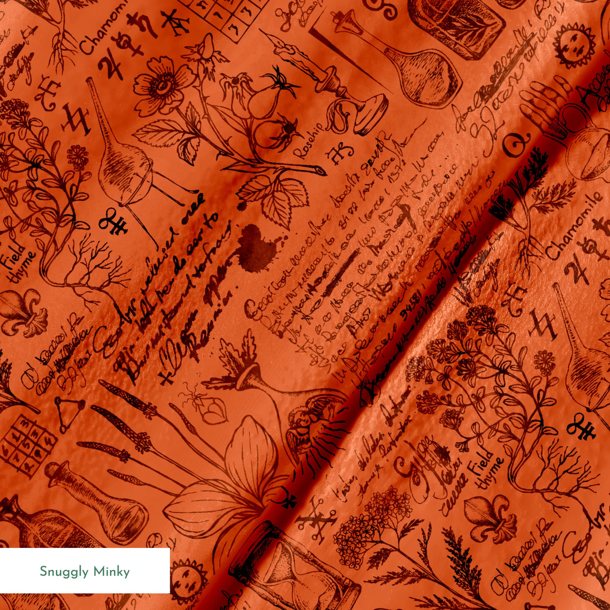 Red-orange Halloween background with vintage alchemical drawings, botanical sketches, symbols, handwritten notes, and mystical elements arranged like an ancient manuscript page. springs minky texture