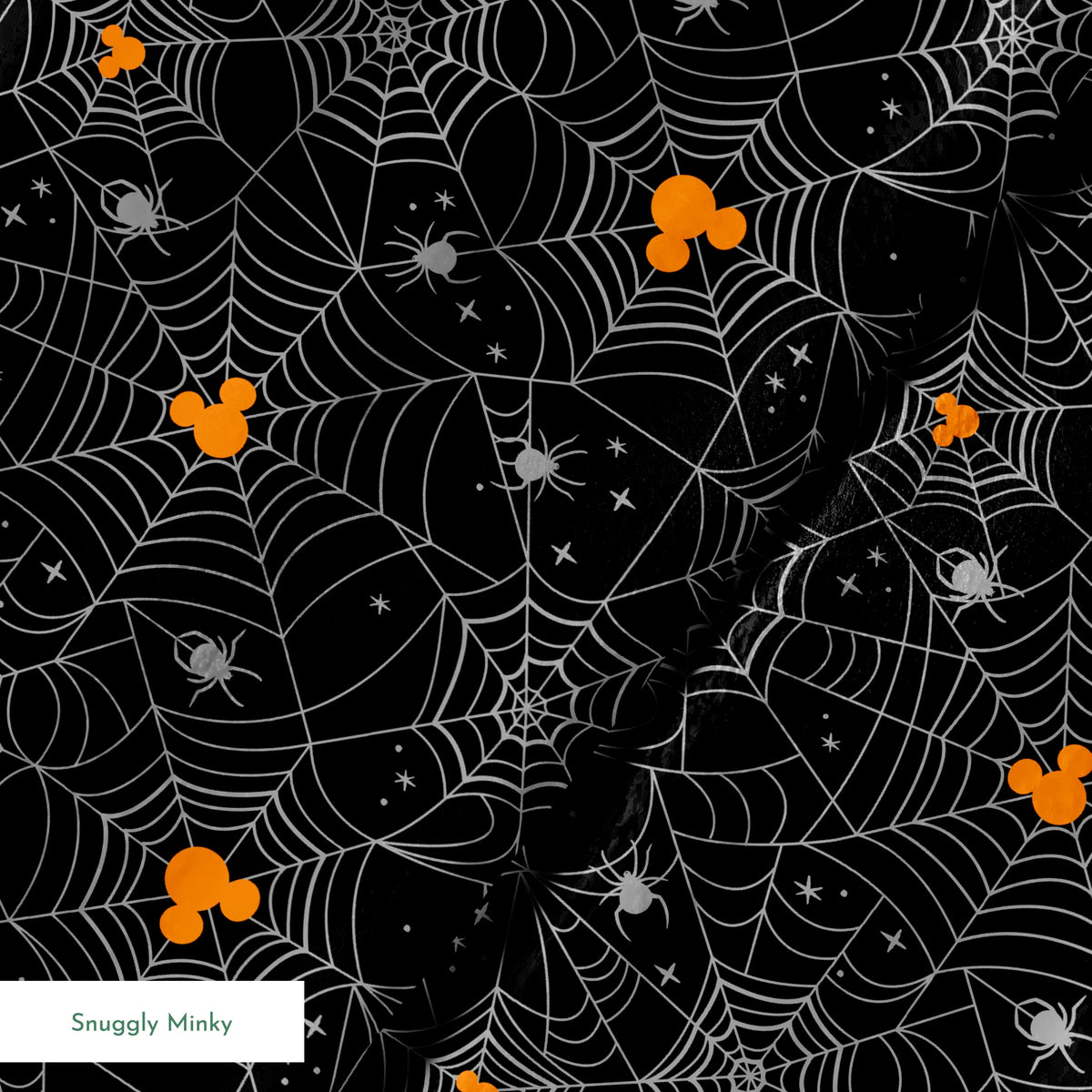 Spooky Halloween pattern with white spiderwebs, orange Mickey Mouse heads, and gray spiders on black background springs minky texture