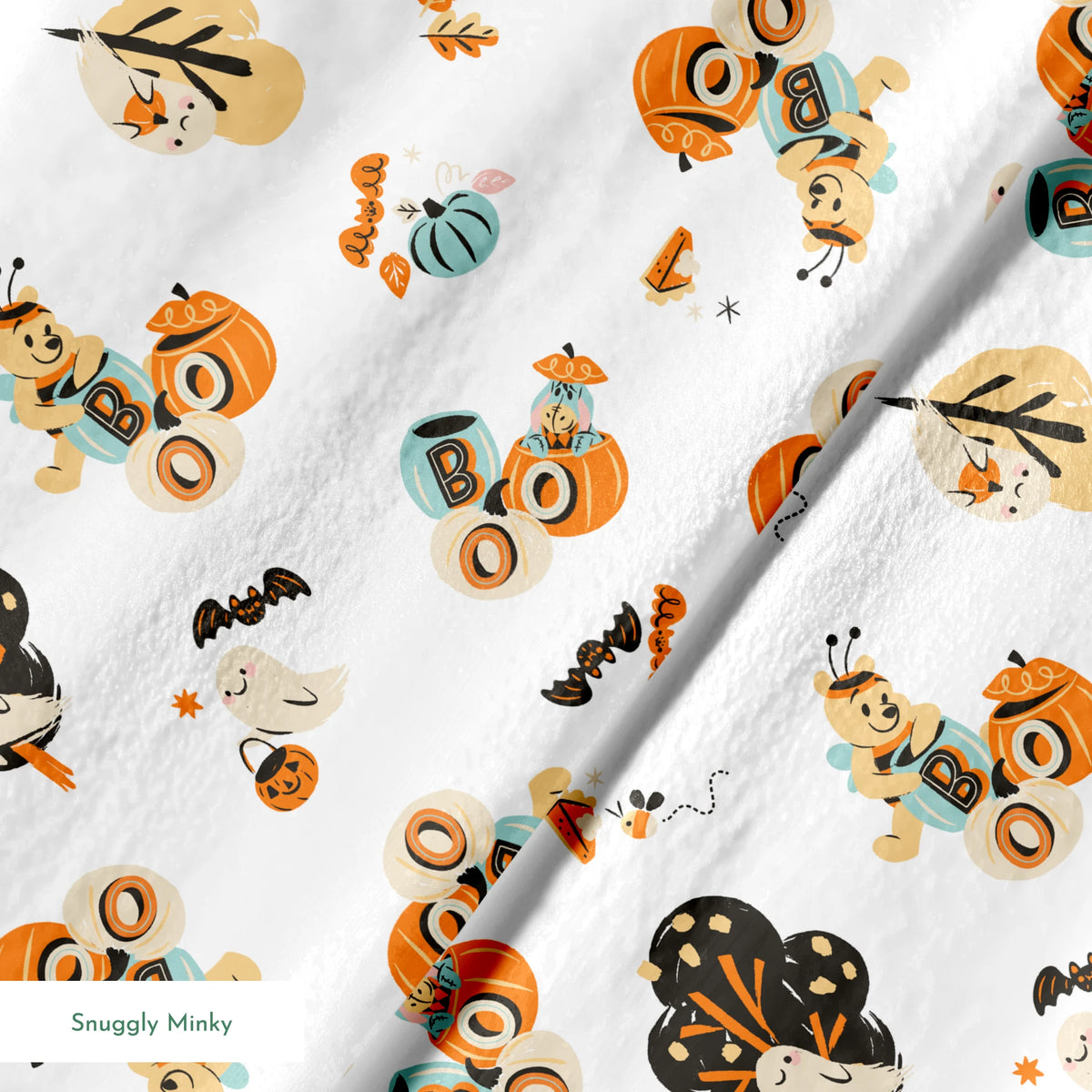 Halloween-themed pattern with Winnie the Pooh characters, pumpkins, and autumn motifs in orange, teal and black on white background. springs minky texture