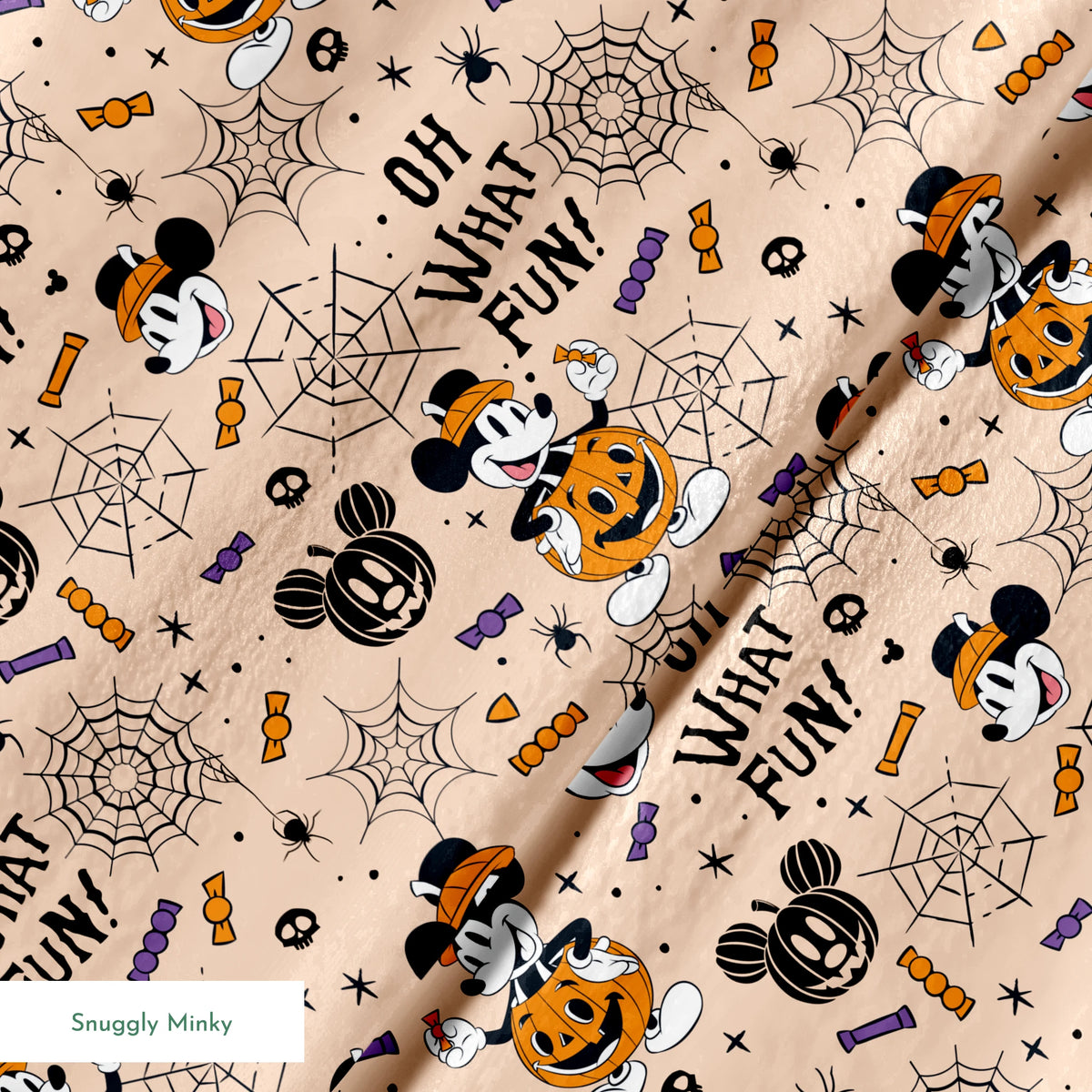 Halloween Mickey Mouse pattern with "OH WHAT FUN!" text, pumpkins, spiderwebs, and candy on beige background springs minky texture