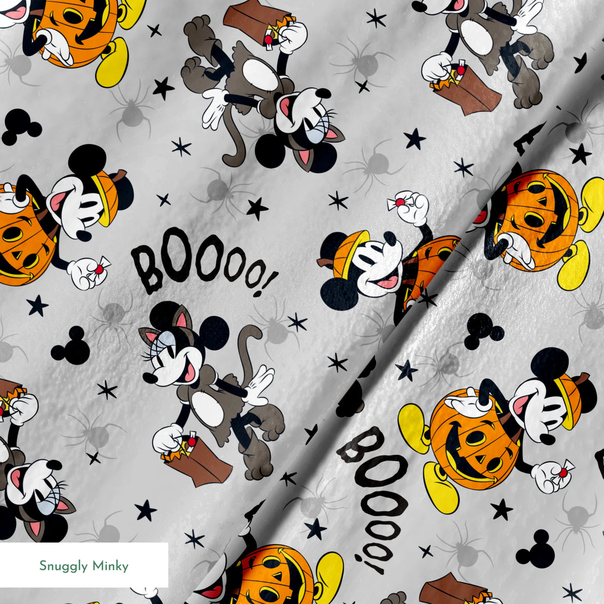 Mickey Mouse Halloween pattern with pumpkins, spiders, bats, "BOO!" text on gray background springs minky texture