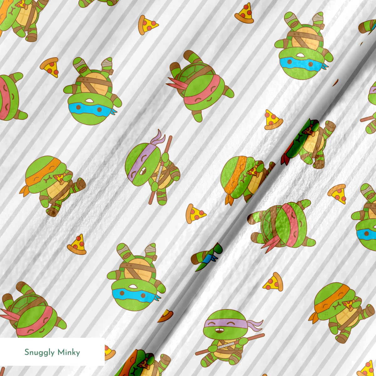 Teenage Mutant Ninja Turtles in various poses with pizza slices on gray striped background springs minky texture