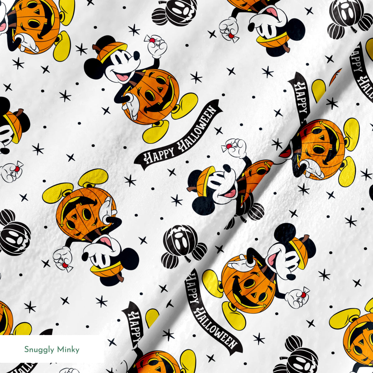 Mickey Mouse Halloween pattern dressed as pumpkins on white background with stars and "Happy Halloween" text springs minky texture