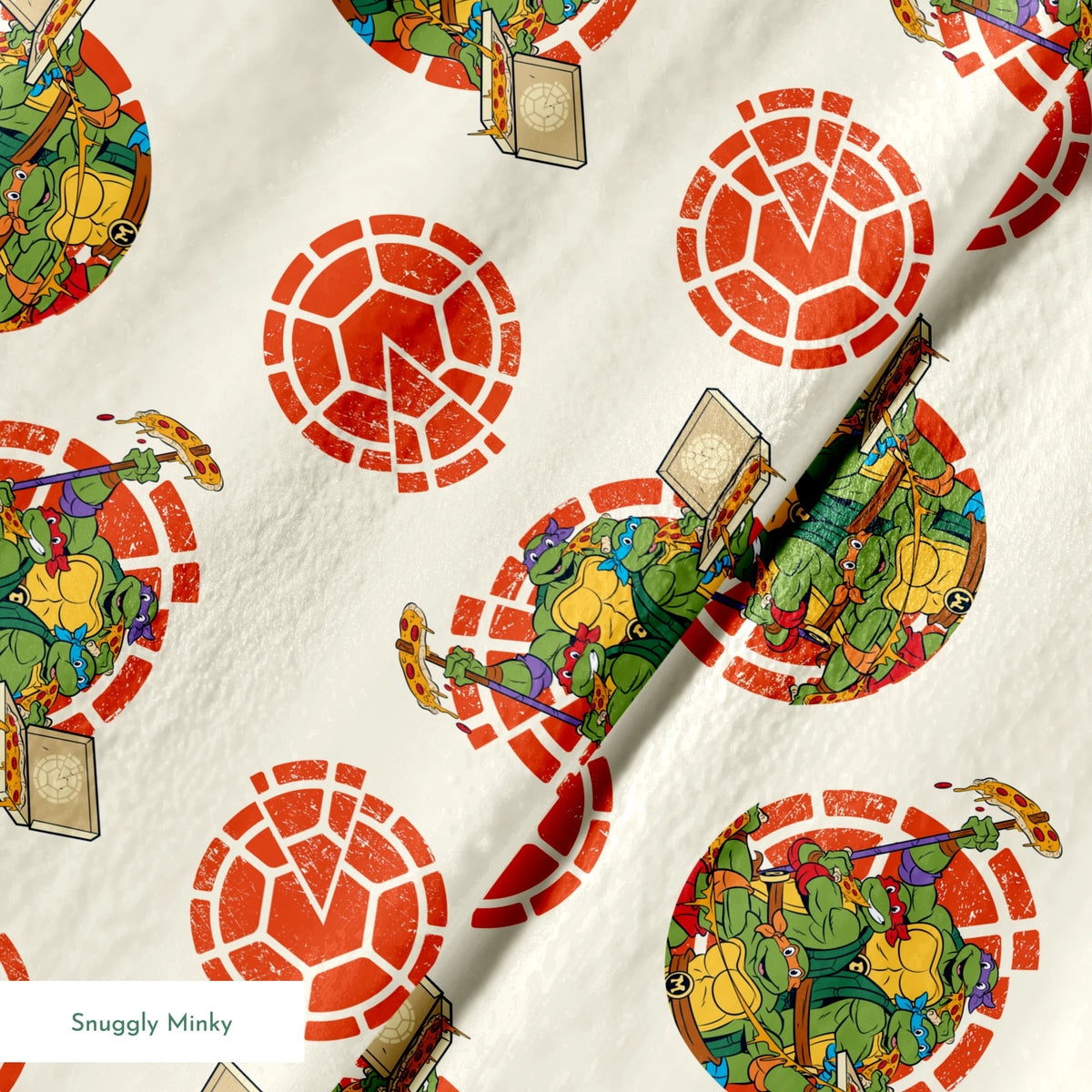 TMNT characters in circular formations on cream background with red shell pattern springs minky texture