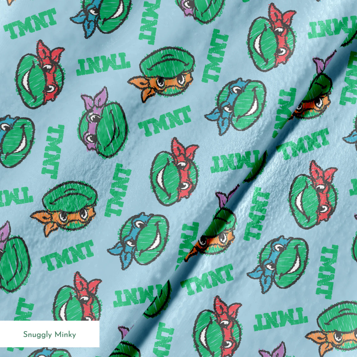 Cartoon pattern of Teenage Mutant Ninja Turtles faces with colored masks on light blue background springs minky texture