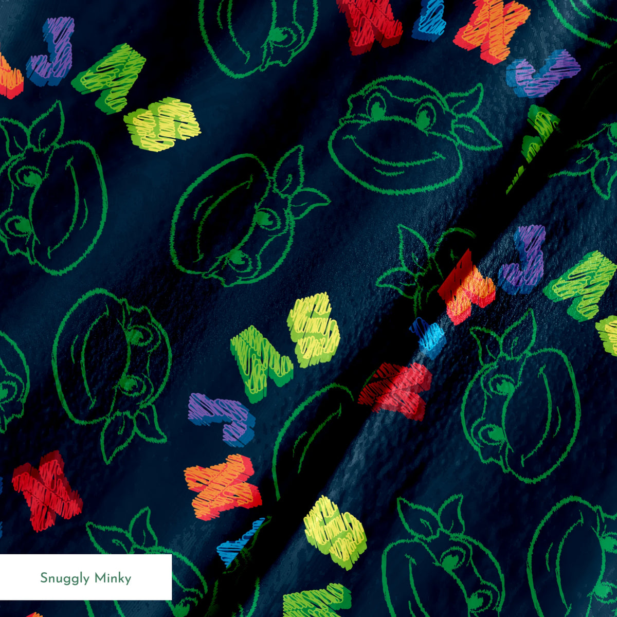 Colorful Ninja Turtles pattern with green outlines on dark blue background springs minky texture