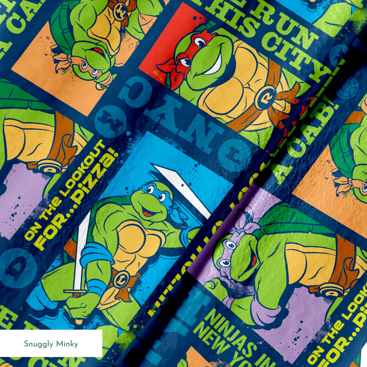 Teenage Mutant Ninja Turtles comic-style panels with characters in action poses and phrases like "Catchin' a Cab!" and "On the Lookout for Pizza! springs minky texture