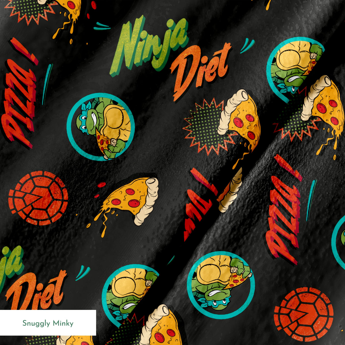 Colorful cartoon pizza pattern with "Pizza!" text, Teenage Mutant Ninja Turtles in circles, and decorative elements on dark background. springs minky texture