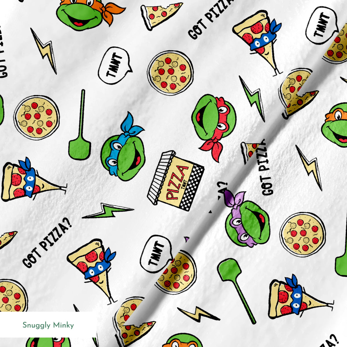 Cartoon pattern with Teenage Mutant Ninja Turtles, pizza slices, whole pizzas, lightning bolts and "GOT PIZZA?" text springs minky texture