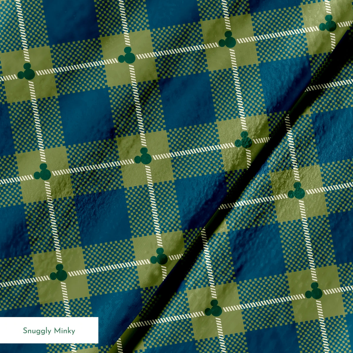 Geometric plaid pattern with teal and olive green diamonds, white diagonal stripes and checkered textures springs minky texture