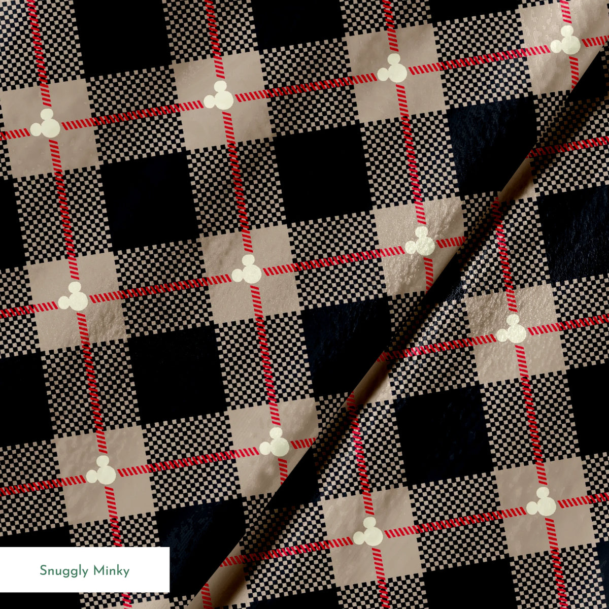 Diagonal plaid pattern with navy, beige, red stripes, checkered sections and small white circular details springs minky texture