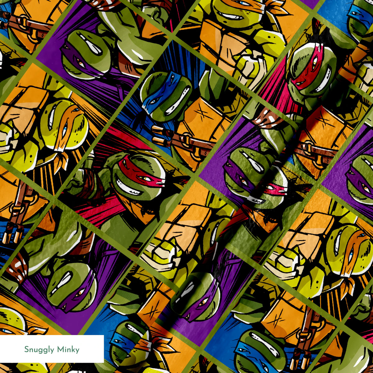 Colorful grid pattern of Teenage Mutant Ninja Turtles characters with various expressions and colored masks springs minky texture
