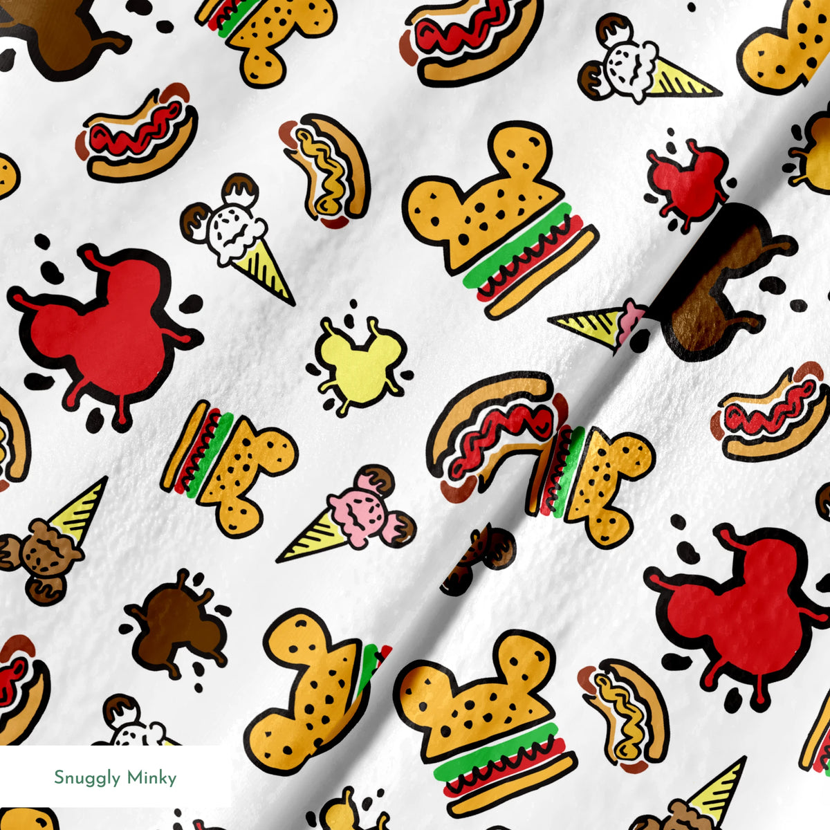 Colorful Disney theme park food icons including Mickey-shaped burgers, ice cream cones, hot dogs and apples on white background springs minky texture
