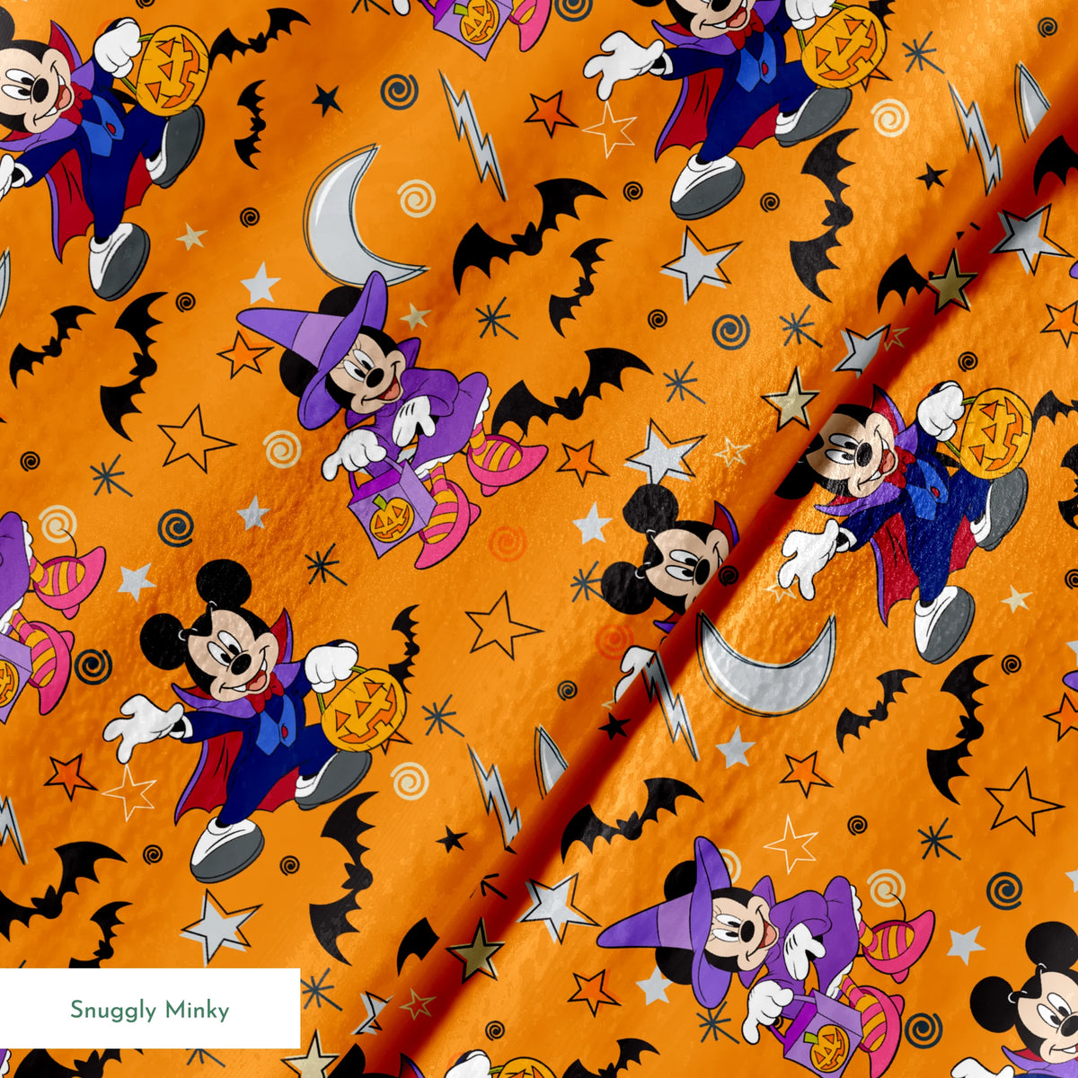 Halloween-themed cartoon pattern with Disney characters in costumes, bats, stars, moons, and ghosts on orange background. springs minky texture