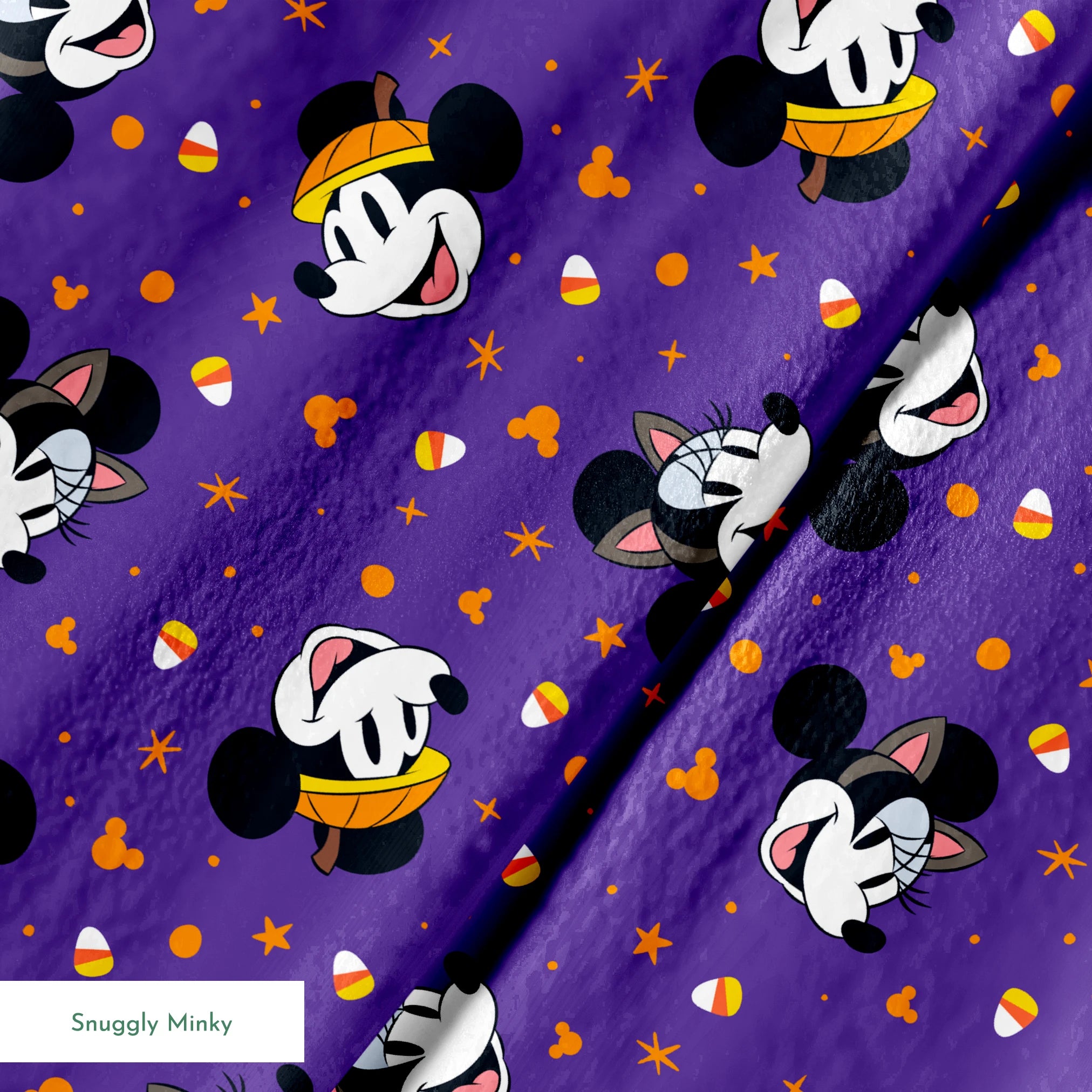 Mickey Mouse Halloween pattern with candy corn and stars on purple background springs minky texture