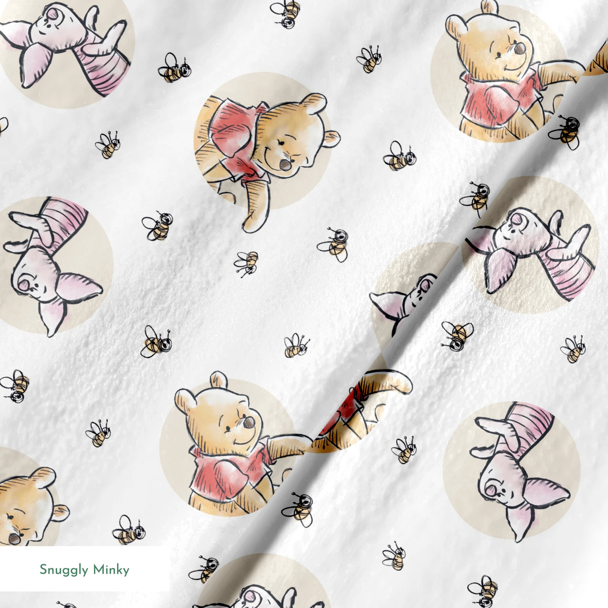 Cute cartoon Winnie the Pooh and Piglet pattern with circular vignettes and buzzing bees springs minky texture