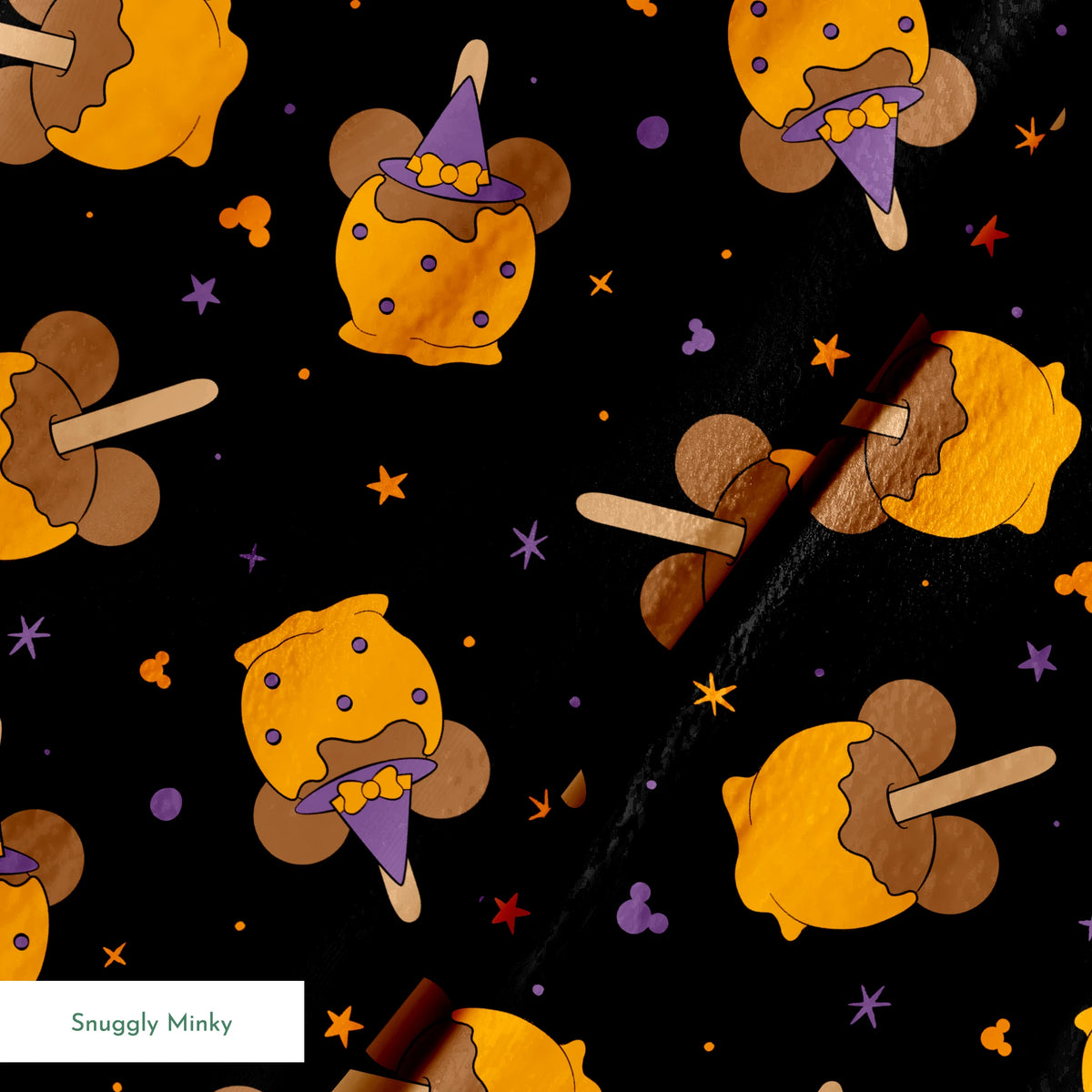 Disney-inspired caramel apples and candy apples floating in a space-like black background with purple stars. springs minky texture