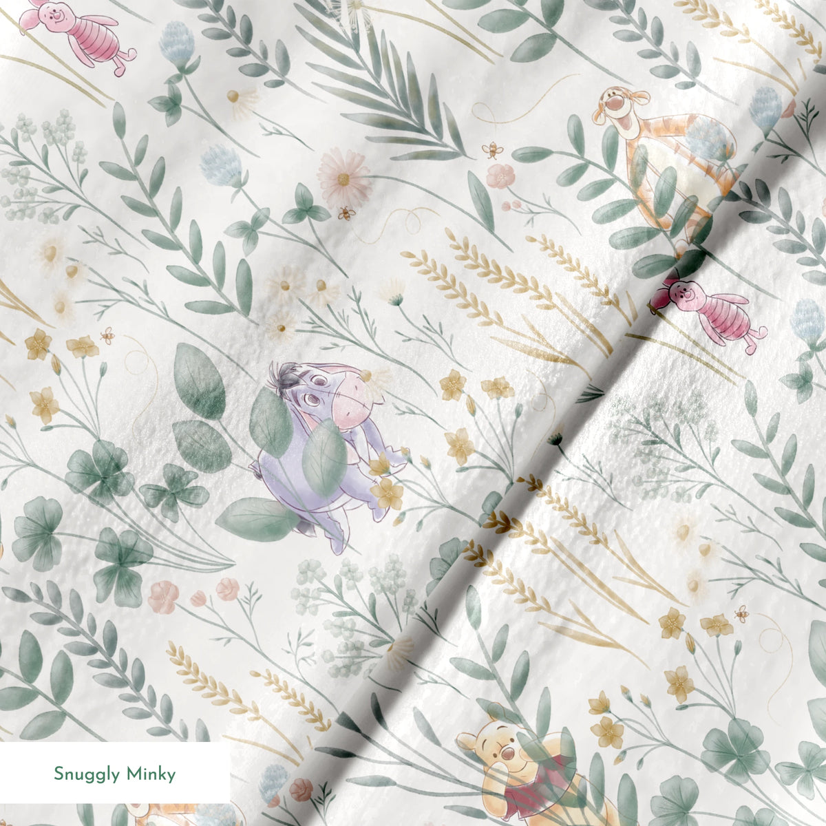 Whimsical botanical pattern with colorful teddy bears and creatures among green plants and flowers springs minky texture