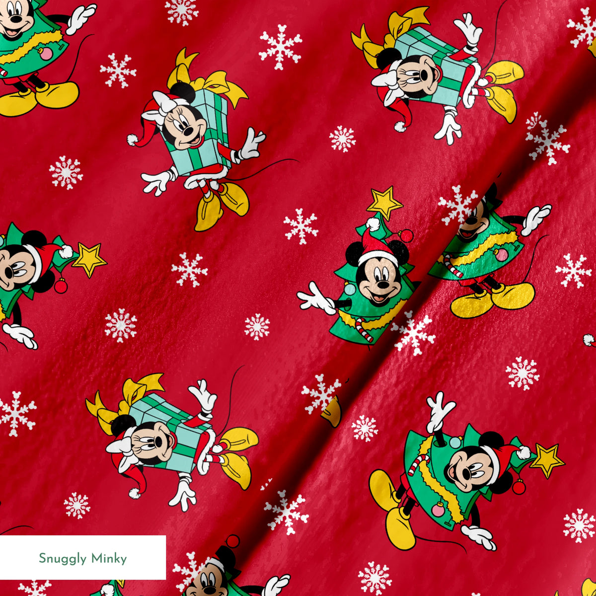 Disney characters in holiday outfits on red background with white snowflakes springs minky texture