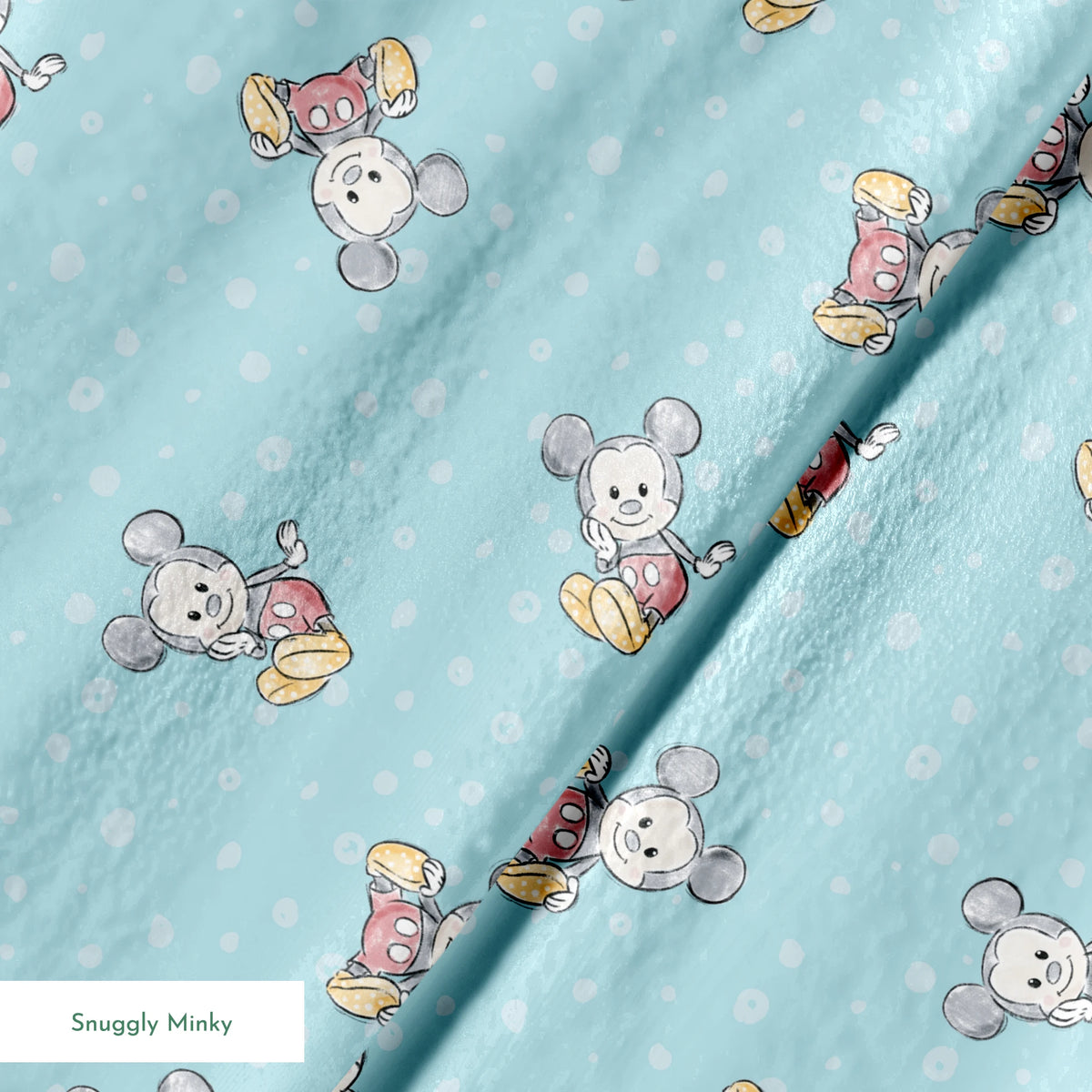 Cute cartoon mouse pattern with gray mice wearing colorful outfits on light blue polka dot background springs minky texture