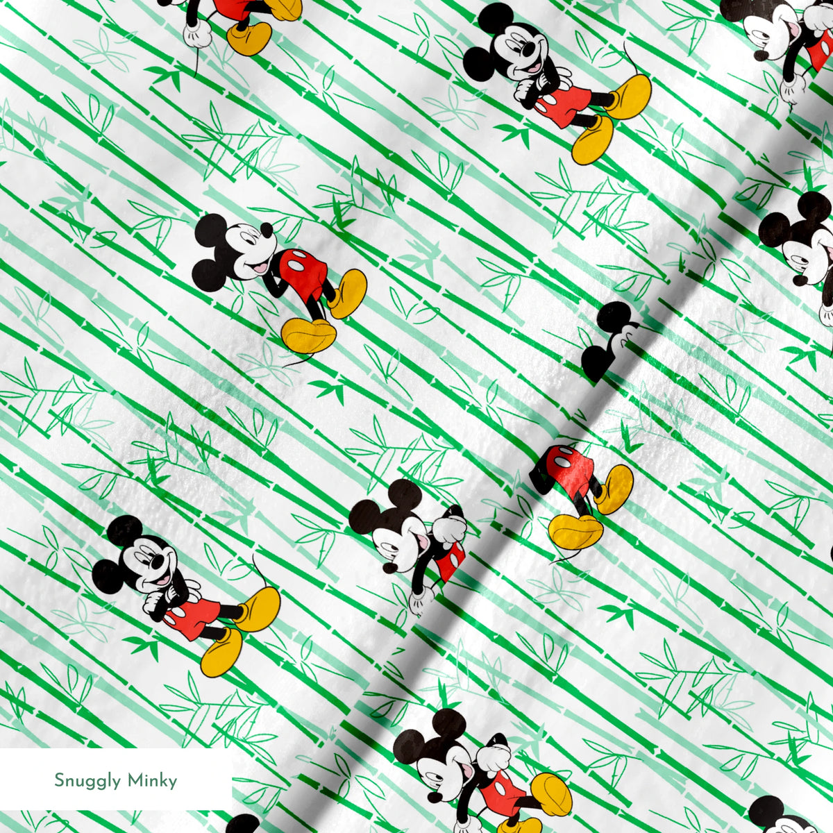 Cartoon mouse character pattern on white background with green vertical stripes springs minky texture