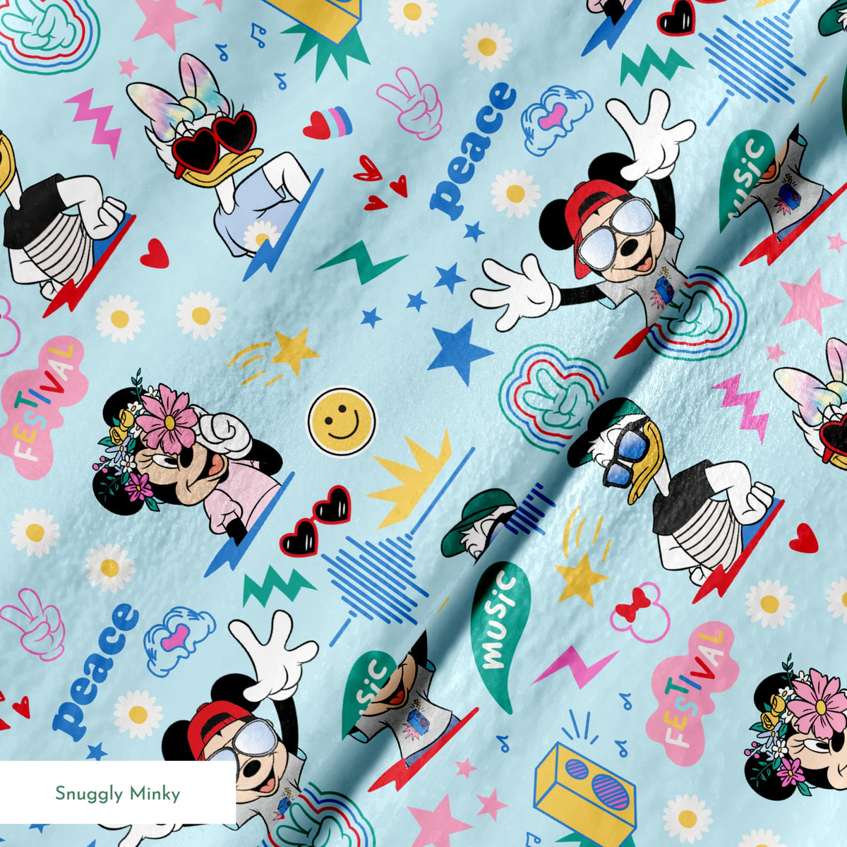 Colorful cartoon pattern with Disney characters, peace signs, stars, and music motifs on light blue background. springs minky texture