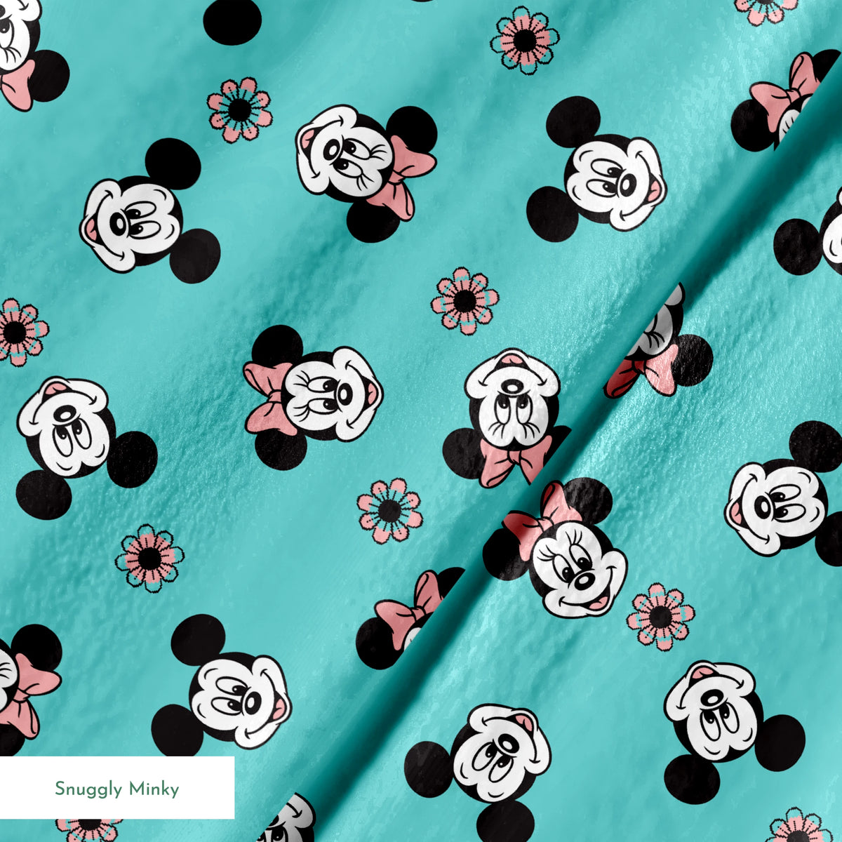Mickey and Minnie Mouse cartoon faces scattered on turquoise background with small flowers springs minky texture