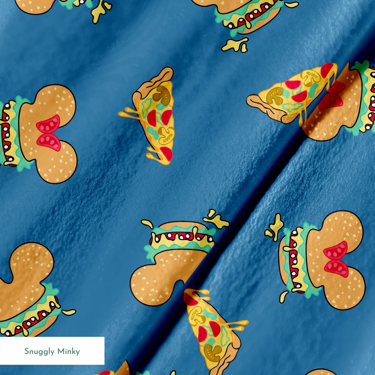 Pattern of Disney-inspired food items - hot dogs and pizza slices on blue background springs minky texture