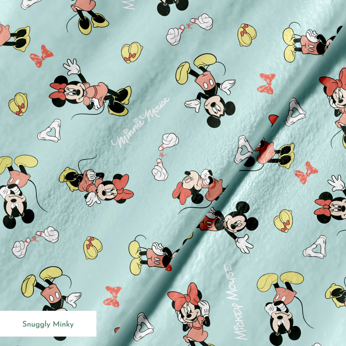 Mickey and Minnie Mouse pattern on light turquoise background with scattered characters, bows, and gloves springs minky texture